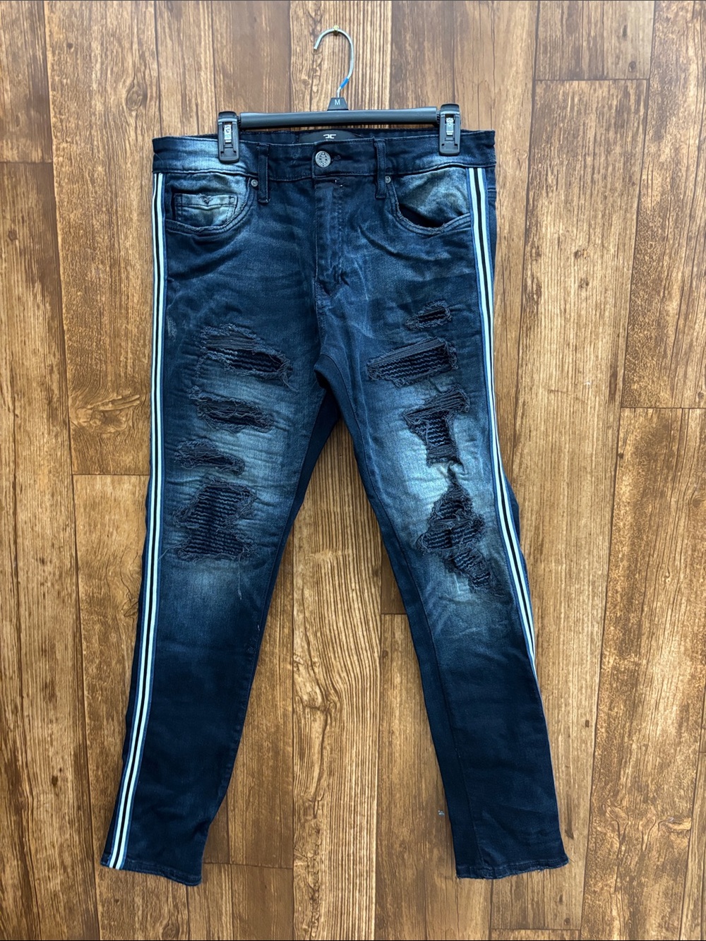 Legacy Edition Black Distressed Skinny Jeans with White and Black Side Stripes